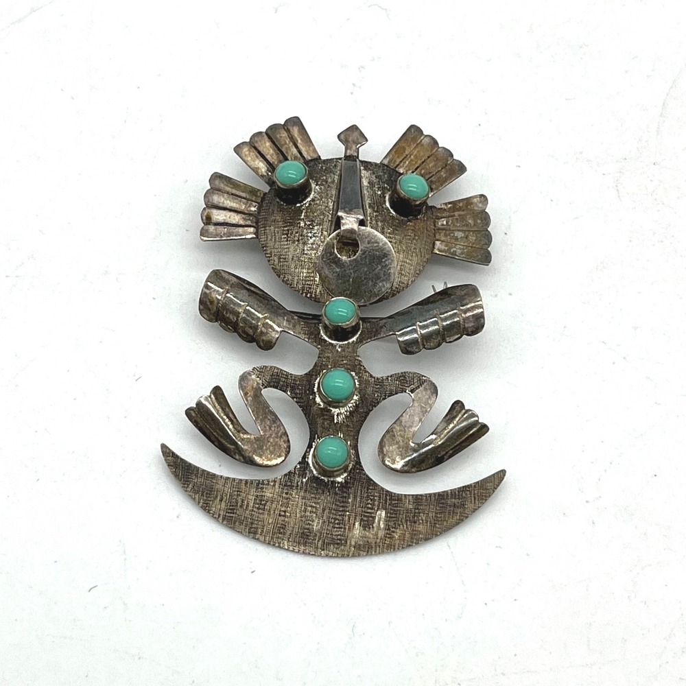 Vintage Ecuador 900 Silver‎ Turquoise Pre-Columbian Deity Brooch Pendant 2.25"